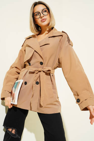 Kruvaze Kemerli Kısa Trençkot Camel - Kadın Giyim Modelleri