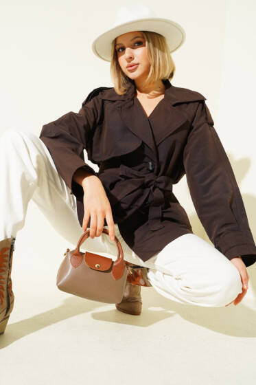 Kruvaze Kemerli Kısa Trençkot Kahve - Kadın Giyim Modelleri