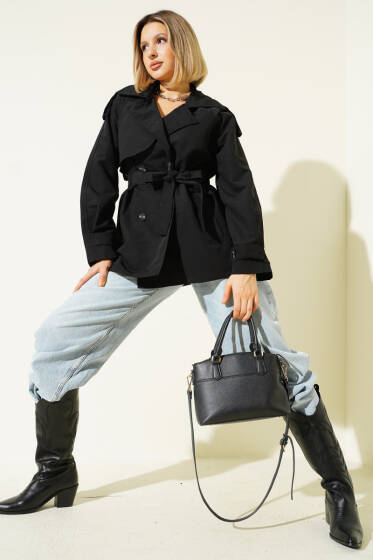 Kruvaze Kemerli Kısa Trençkot Siyah - Kadın Giyim Modelleri