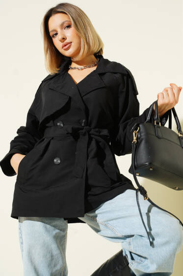 Kruvaze Kemerli Kısa Trençkot Siyah - Kadın Giyim Modelleri