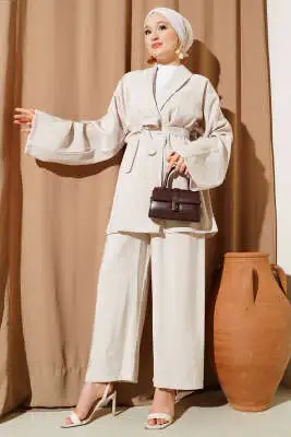 Kruvaze Kimono İkili Takım Bej 