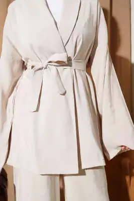 Kruvaze Kimono İkili Takım Bej - İkili Takım