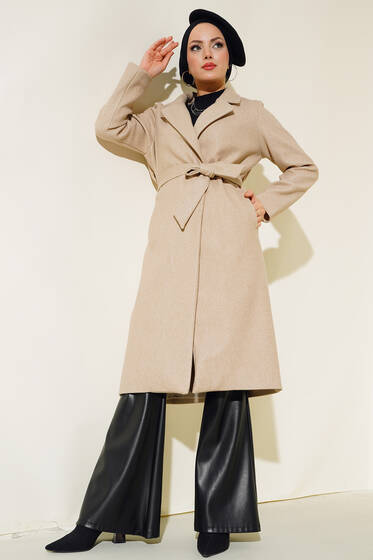 Kruvaze Kuşaklı Kaşe Kaban Bej - Kaban