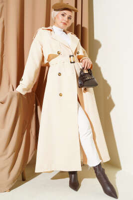 Kruvaze Pelerinli Kuşaklı Trençkot Bej 