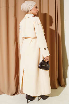 Kruvaze Pelerinli Kuşaklı Trençkot Bej - Trençkot