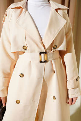 Kruvaze Pelerinli Kuşaklı Trençkot Bej - Trençkot