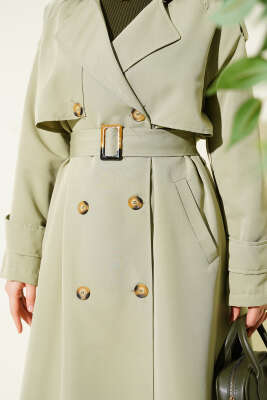 Kruvaze Pelerinli Kuşaklı Trençkot Çağla Yeşili - Trençkot