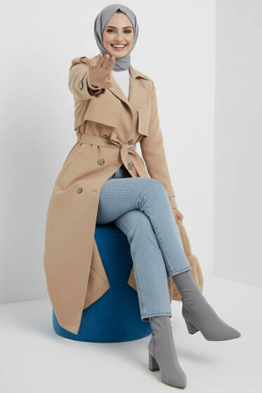 Kruvaze Pelerinli Kuşaklı Trençkot Camel - Trençkot