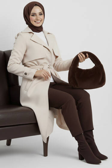 Kruvaze Pelerinli Kuşaklı Trençkot Ekru - Trençkot