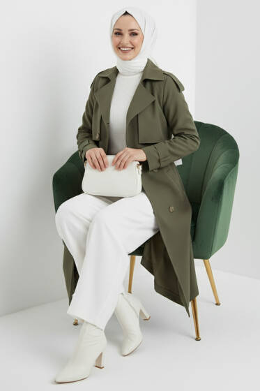 Kruvaze Pelerinli Kuşaklı Trençkot Haki - Trençkot