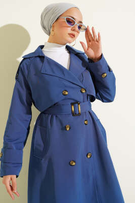 Kruvaze Pelerinli Kuşaklı Trençkot İndigo - Trençkot