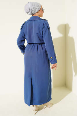 Kruvaze Pelerinli Kuşaklı Trençkot İndigo - Trençkot