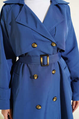 Kruvaze Pelerinli Kuşaklı Trençkot İndigo - Trençkot