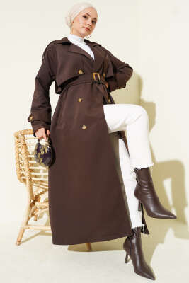 Kruvaze Pelerinli Kuşaklı Trençkot Kahve 