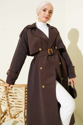 Kruvaze Pelerinli Kuşaklı Trençkot Kahve - Trençkot