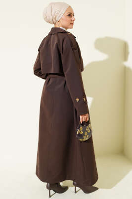 Kruvaze Pelerinli Kuşaklı Trençkot Kahve - Trençkot