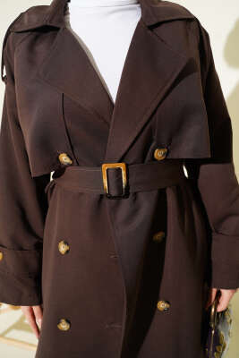 Kruvaze Pelerinli Kuşaklı Trençkot Kahve - Trençkot