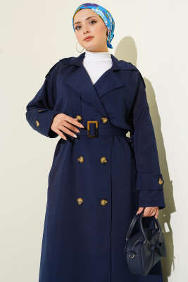 Kruvaze Pelerinli Kuşaklı Trençkot Lacivert - Trençkot