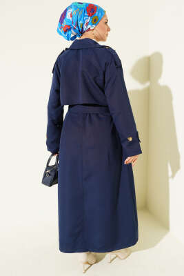 Kruvaze Pelerinli Kuşaklı Trençkot Lacivert - Trençkot