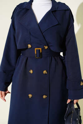 Kruvaze Pelerinli Kuşaklı Trençkot Lacivert - Trençkot