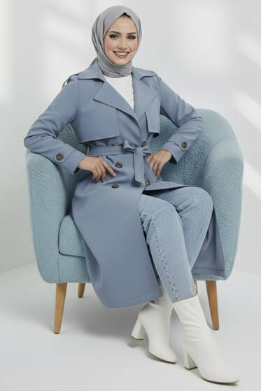 Kruvaze Pelerinli Kuşaklı Trençkot Mavi - Trençkot