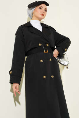 Kruvaze Pelerinli Kuşaklı Trençkot Siyah - Trençkot