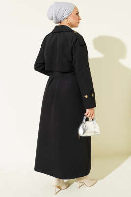 Kruvaze Pelerinli Kuşaklı Trençkot Siyah - Trençkot