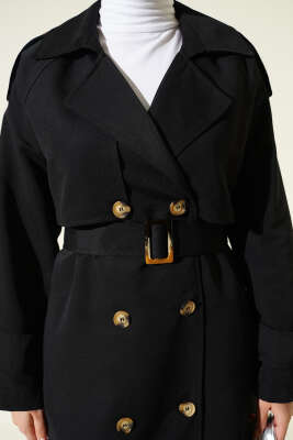 Kruvaze Pelerinli Kuşaklı Trençkot Siyah - Trençkot