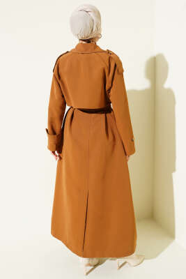 Kruvaze Pelerinli Kuşaklı Trençkot Taba - Trençkot