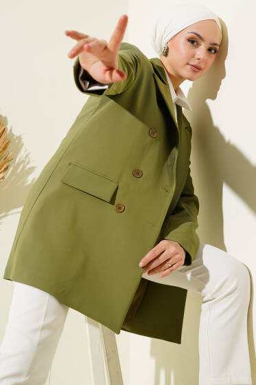 Kruvaze Yaka Altı Düğmeli Blazer Ceket Çağla Yeşili - Ceket