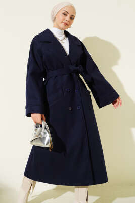 Kruvaze Yaka Altı Düğmeli Kaşe Kaban Lacivert - FELEMEZ