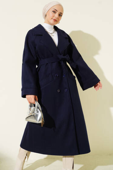 Kruvaze Yaka Altı Düğmeli Kaşe Kaban Lacivert - Kaban