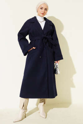 Kruvaze Yaka Altı Düğmeli Kaşe Kaban Lacivert - Kaban