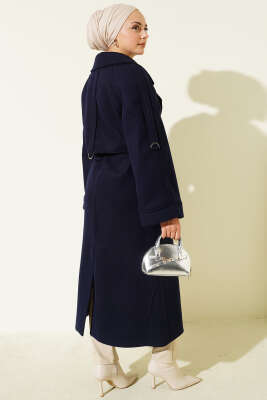 Kruvaze Yaka Altı Düğmeli Kaşe Kaban Lacivert - Kaban