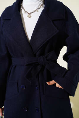 Kruvaze Yaka Altı Düğmeli Kaşe Kaban Lacivert - Kaban