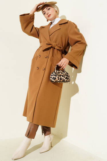 Kruvaze Yaka Altı Düğmeli Kaşe Kaban Latte - Kaban