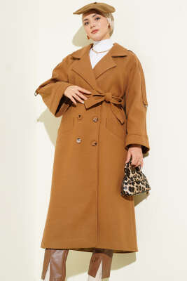 Kruvaze Yaka Altı Düğmeli Kaşe Kaban Latte - Kaban