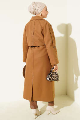 Kruvaze Yaka Altı Düğmeli Kaşe Kaban Latte - Kaban