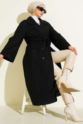 Kruvaze Yaka Altı Düğmeli Kaşe Kaban Siyah - FELEMEZ