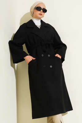 Kruvaze Yaka Altı Düğmeli Kaşe Kaban Siyah - Kaban