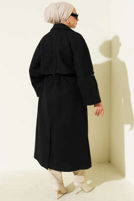 Kruvaze Yaka Altı Düğmeli Kaşe Kaban Siyah - Kaban