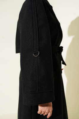 Kruvaze Yaka Altı Düğmeli Kaşe Kaban Siyah - Kaban