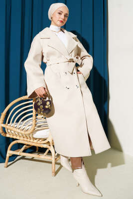 Kruvaze Yaka Altı Düğmeli Kaşe Kaban Taş 