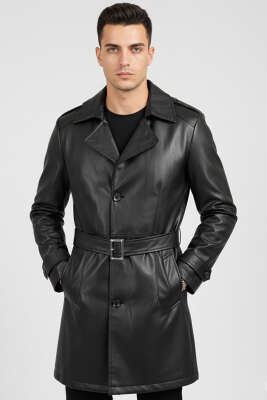 Kruvaze Yaka Ara Boy Erkek Trençkot Siyah - BESSE