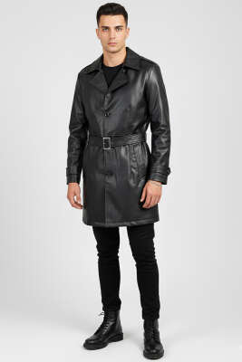 Kruvaze Yaka Ara Boy Erkek Trençkot Siyah - Erkek Trençkot