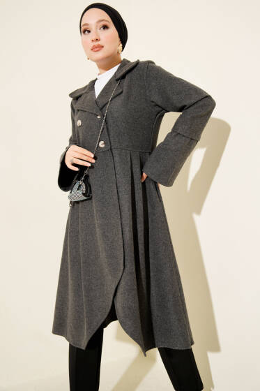 Kruvaze Yaka Asimetrik Kaşe Kaban Füme - Kaban