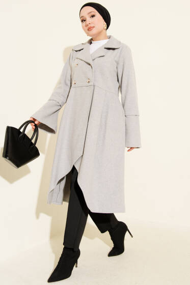 Kruvaze Yaka Asimetrik Kaşe Kaban Gri - Kaban