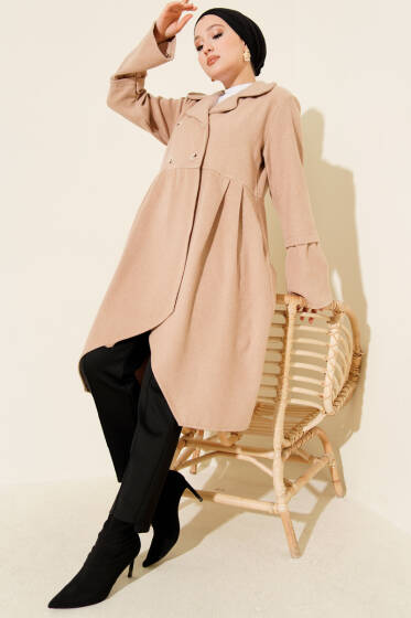 Kruvaze Yaka Asimetrik Kaşe Kaban Latte - Kaban