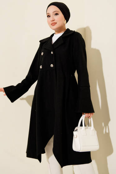 Kruvaze Yaka Asimetrik Kaşe Kaban Siyah - Kaban