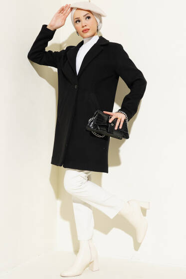 Kruvaze Yaka Astarlı Kaşe Kaban Siyah - Kaban